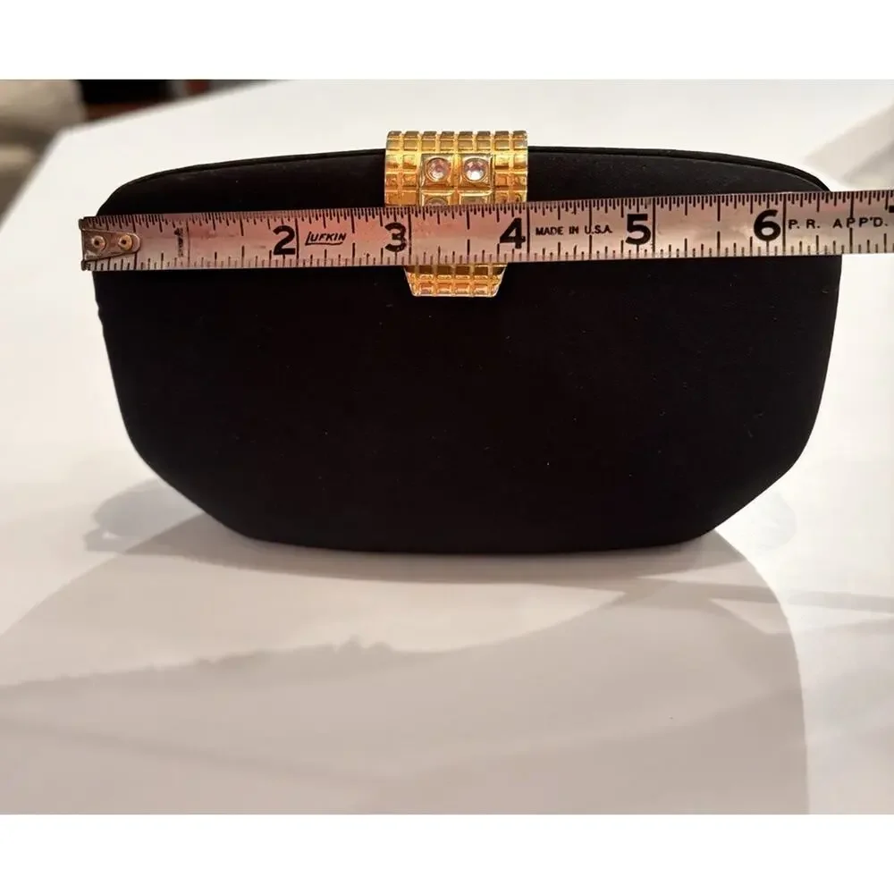 RODO Italy Satin Black Hard Shell Gold Chain Handbag Clutch Rhinestone Clasp EUC